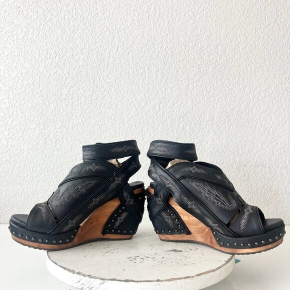 Lane Boots LEXINGTON Womens Black Wedges 7.5 Western Sandals Cowgirl Wooden Heel - Picture 7 of 11